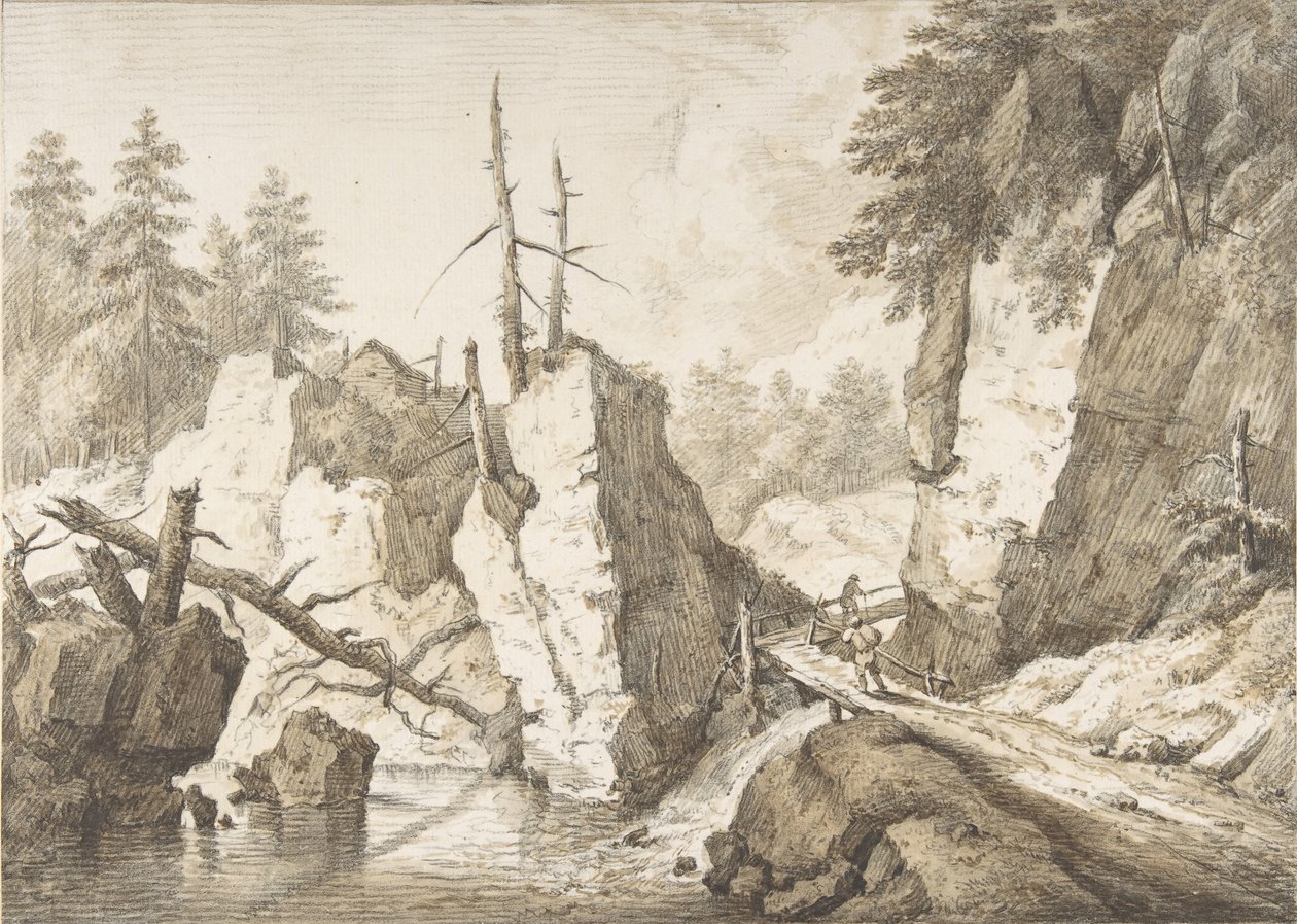 Schweizisk bjerglandskab med lille bro over en bæk, 1751-81. af Franz Schutz