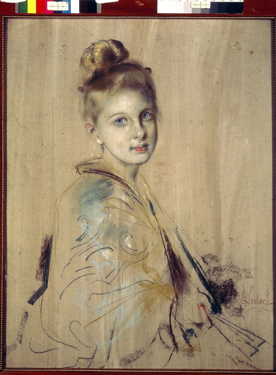 Ung pige med en fan (Girl With A Fan). Værk af Franz von Lenbach (1836-1904), pastel på pap, ca. 1880. Tysk kunst fra 1800-tallet. State Hermitage, Sankt Petersborg. af Franz Seraph von Lenbach