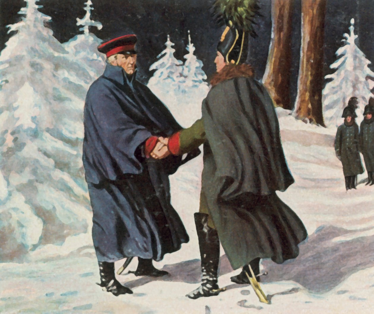 Forhandlinger mellem Yorck og den russiske general Diebitsch, 25. december 1812 (forstærket farvelitografi) af Franz Stassen