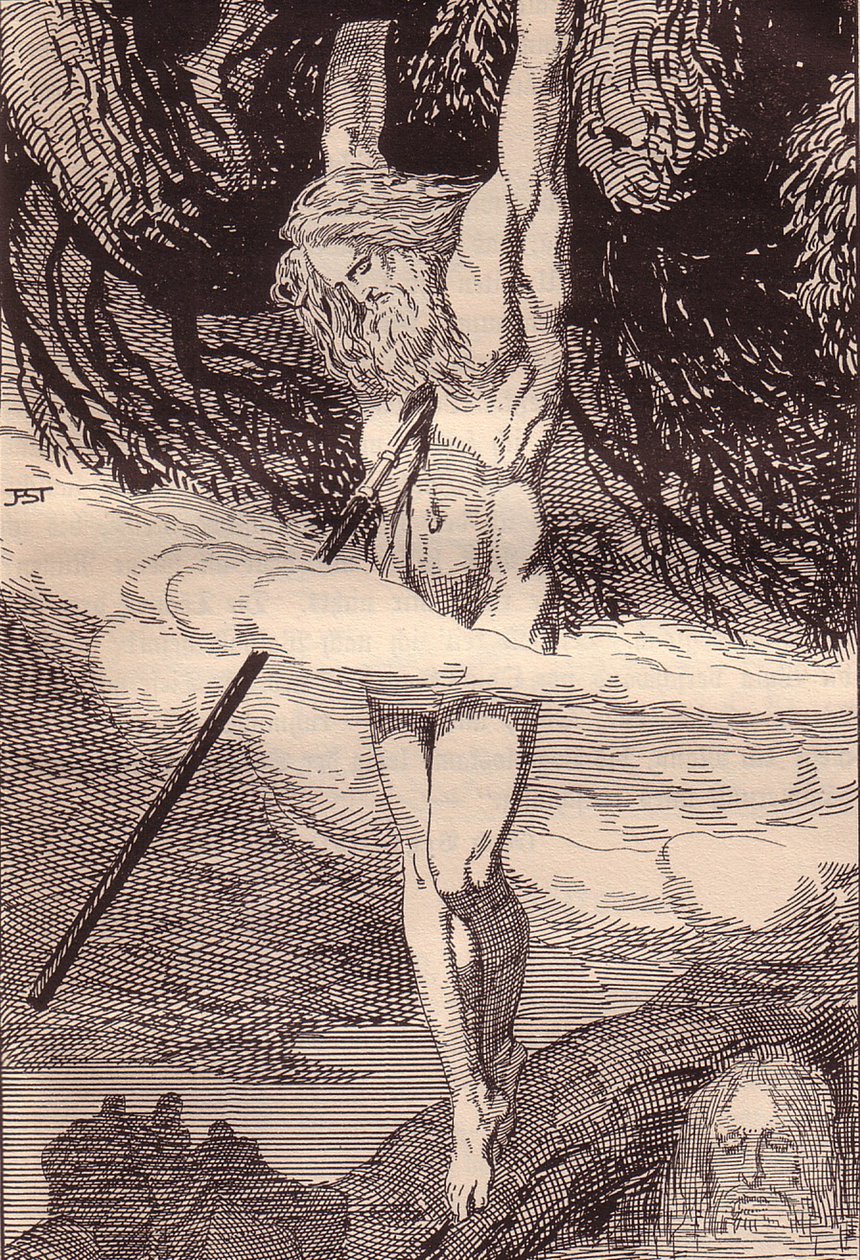 Odin hængende på verdenstræet. Illustration til The Edda: Germanic Gods and Heroes af Hans von Wo af Franz Stassen