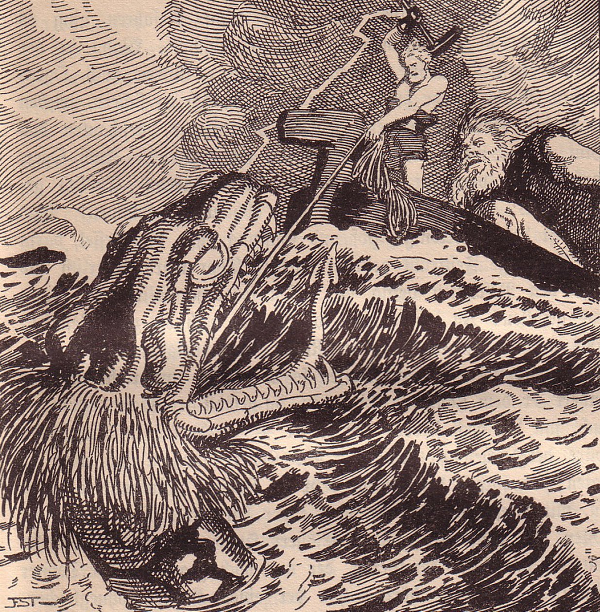 Thor og Hymir Fiskeri. Illustration til The Edda: Germanic Gods and Heroes af Hans von Wolzogen af Franz Stassen