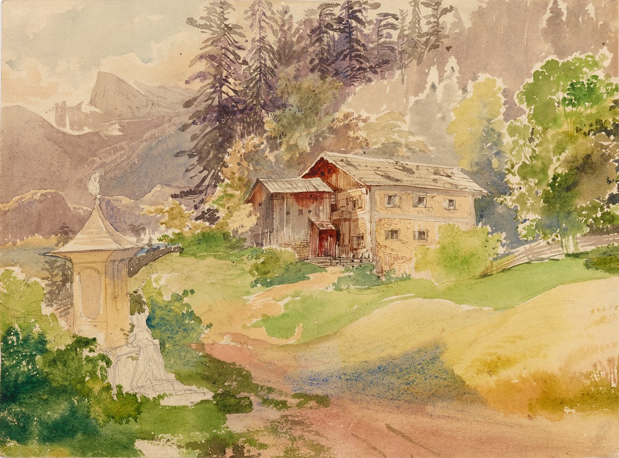 Alpelandskab med bondehus og kvinde foran et helligdom af Franz Steinfeld