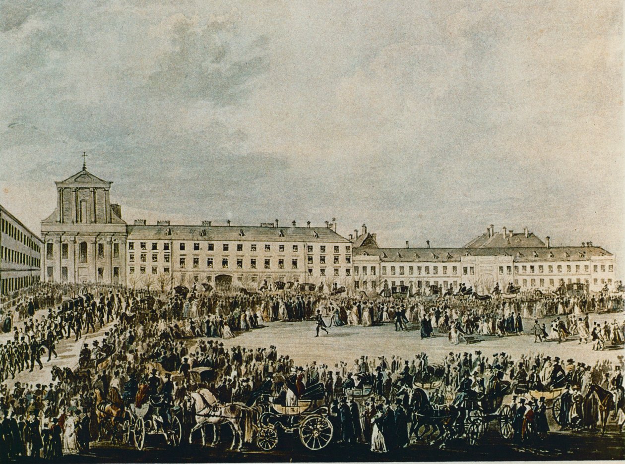 Ludwig van Beethovens begravelsesoptog i 1827 fra Schwarzspanierhaus til den hellige treenighedskirke i Alsergasse, Wien (akvarel) af Franz Stober