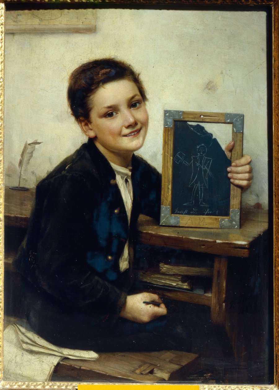 Ecolier (Skoledreng) - Maleri af Franz Thone (1851-1906), olie på træ, 50x38 cm af Franz Thone