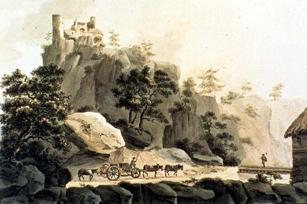 Udsigt over Ribeauville Road og Grand Ribeauville Castle (farvegravering) af Franz Walter