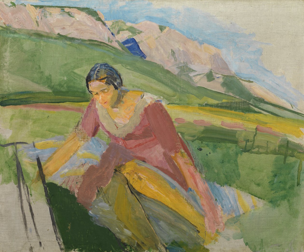 Young Woman in a Landscape (Carinthia), ca. 1930-38 (olie på lærred) af Franz Wiegele
