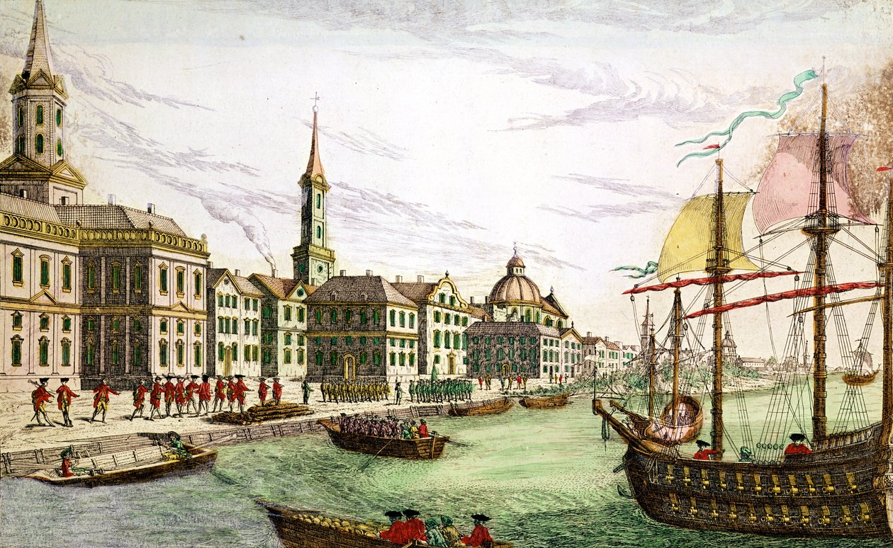 De engelske troppers landgang i New York, 29. juni 1776 (farvet indgravering) af Franz Xaver Habermann