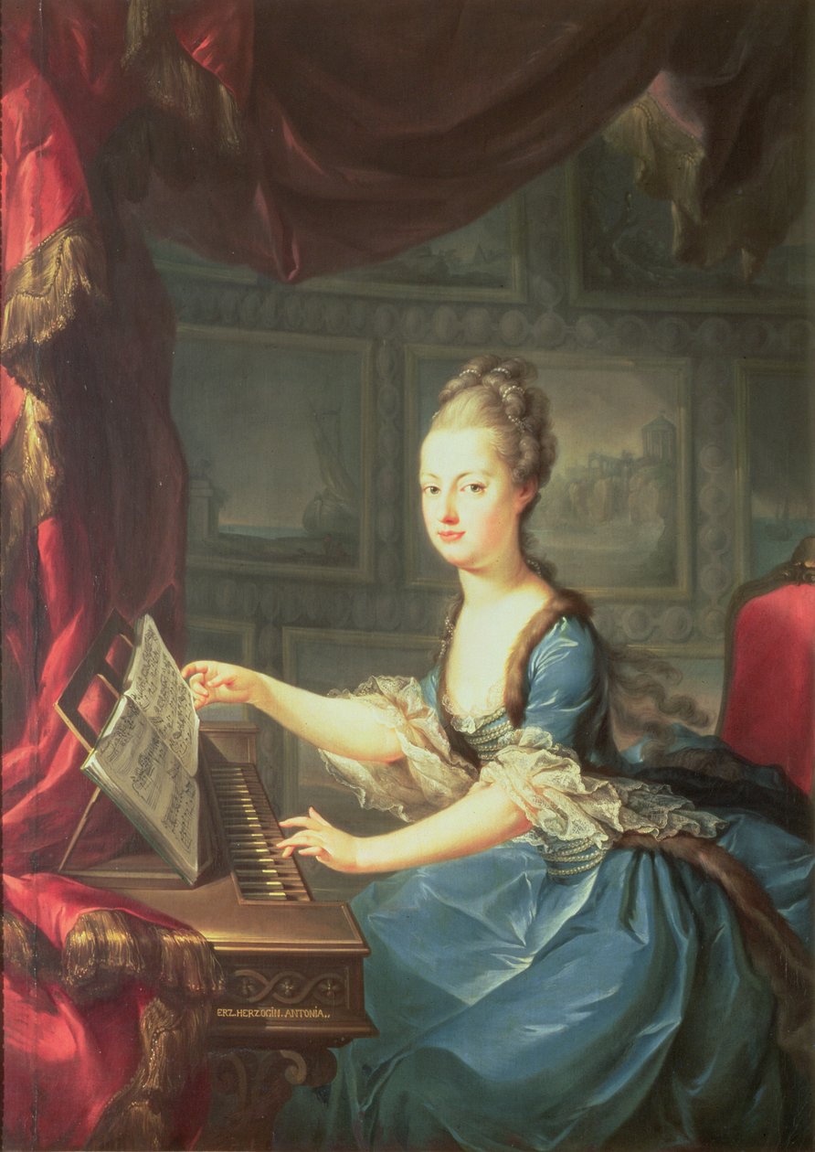 Ærkehertuginde Marie Antoinette Habsburg-Lothringen (1755-93) ved spinnet, femtende barn af kejserinde Maria Theresia af Østrig (1717-80) og kejser Frans I (1708-65) hustru til Ludvig XVI af Frankrig (17) af Franz Xaver Wagenschon