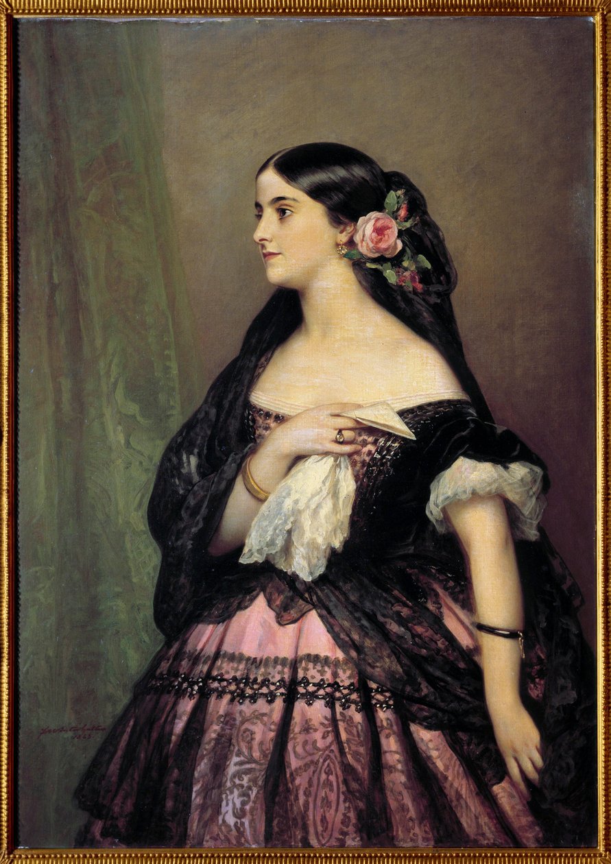 Adelina Patti. Portræt af sangerinden Adelina Patti (1843-1919), spansk sopran, der fortolker rollen som Rosine i "Barberen fra Sevilla" (Barberen fra Sevilla) af Gioacchino Rossini. Maleri af Xaver Winterhalter (1806-1873) af Franz Xaver Winterhalter