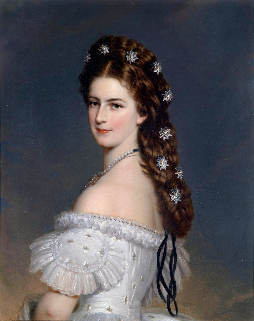 ""Portræt af Elisabeth af Wittelsbach (1837-1898) (sissi eller sisi), kejserinde af Østrig (1854-1898) og dronning af Ungarn (1867-1898)"" Maleri af Franz Xavier Winterhalter (1805-1873) ca. 1860 Privat kollektion af Franz Xaver Winterhalter