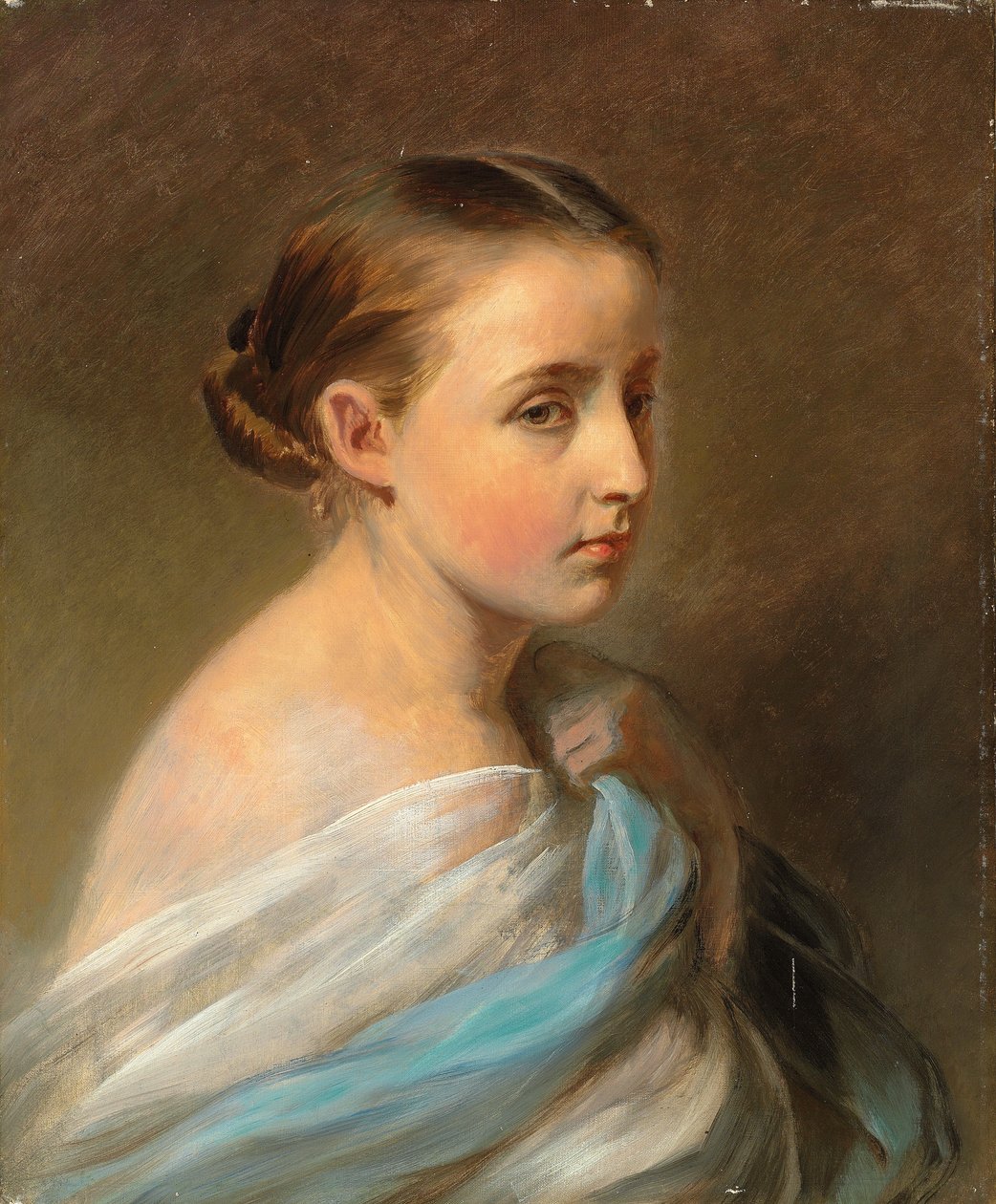 Portræt af en pige, hoved og skuldre, draperet i en blå og hvid svøb, ca. 1850 af Franz Xaver Winterhalter