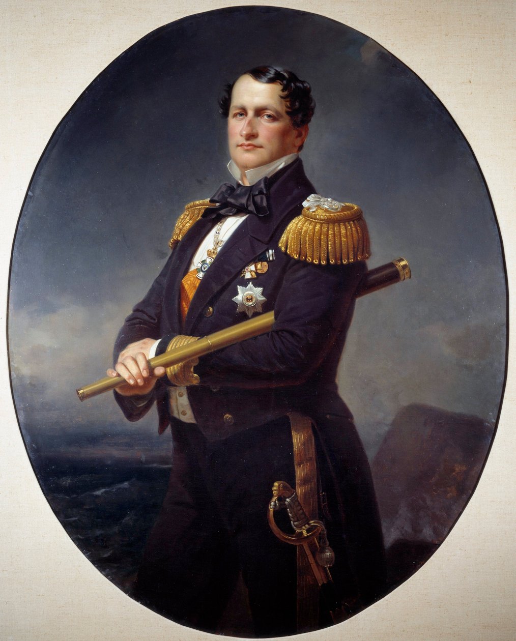 Portræt af en admiral En flådeadmiral, med en lang udsigt, et havlandskab på bagsiden. Maleri af Xaver Winterhalter (1806-1873) Brest fra det 19. århundrede, Museum of Fine Arts af Franz Xaver Winterhalter