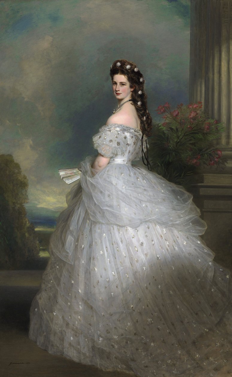 Portugisisk: Kejserinde Elisabeth af Østrig: Hendes hår er prydet med hvidguldsstjerner besat med diamanter. Kejserinde Elisabeth af Østrig i høviske gallakjoler med diamantstjerner af Franz Xaver Winterhalter