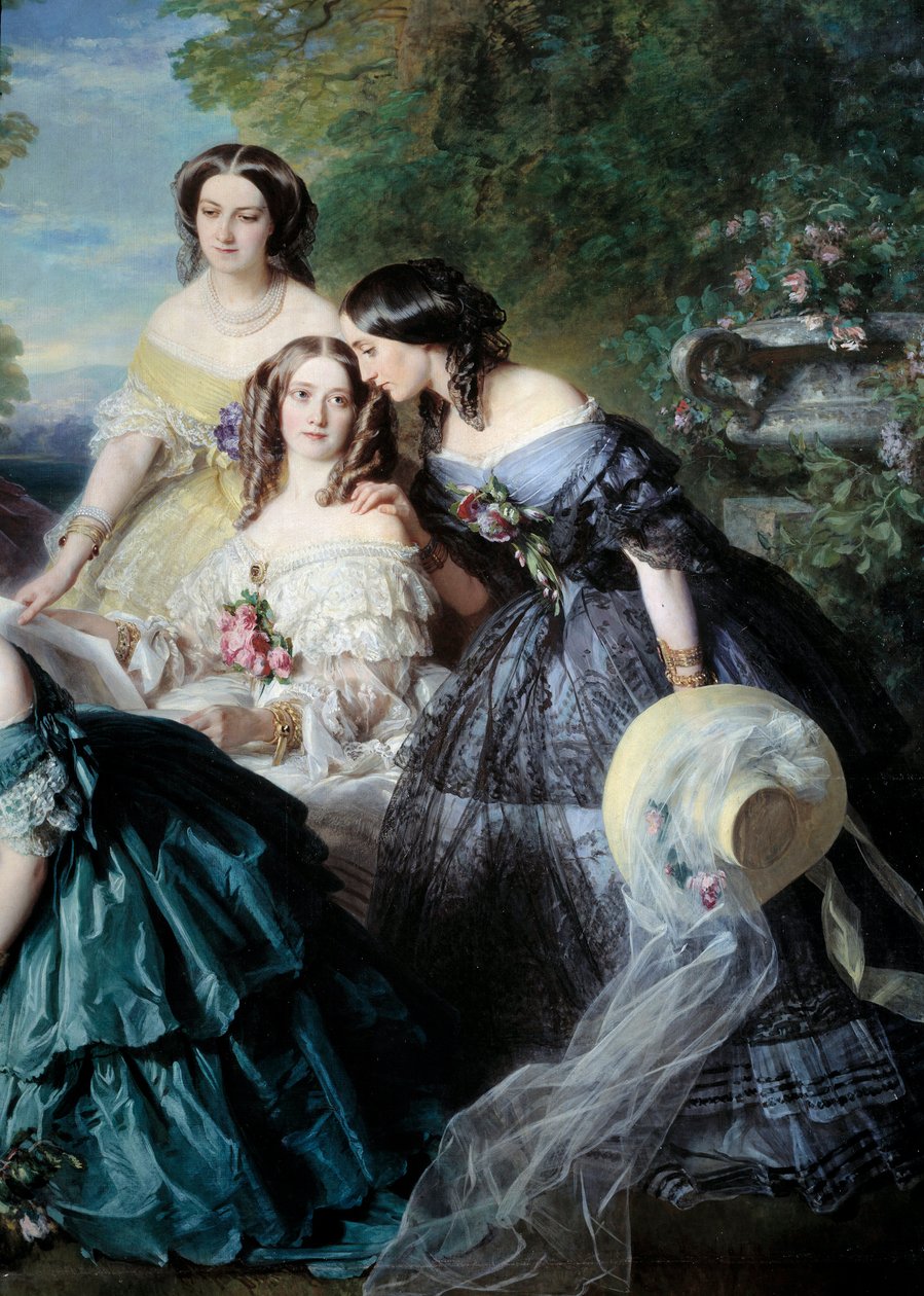 Impress Eugenie (1826-1920) i 1855 omringede æresdamerne i Detail Palace, der repræsenterede baronessen af Malaret, født Nathalie de Segur (gul), Marquise de las Marismas (hvid) og Marquise de La Tour Maubourg. Maleri af Franz Xavier Wi af Franz Xaver Winterhalter