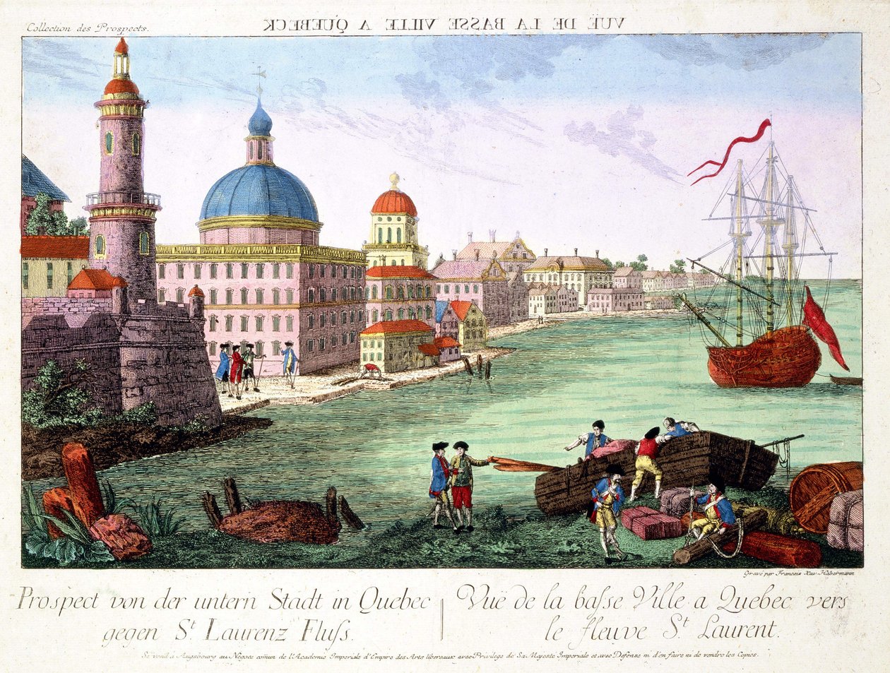 Udsigt over Lower Town ved Quebec mod St. Lawrence-floden. Gravering af Franz-Xavier Habermann af Franz Xavier Habermann