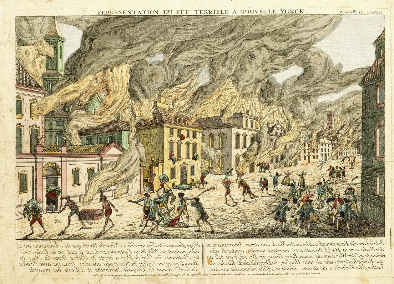Udsigt over New York under den store brand i 1776; Representation du Fue Terrible a Nouvelle York, 1780 af Franz Xaver Habermann