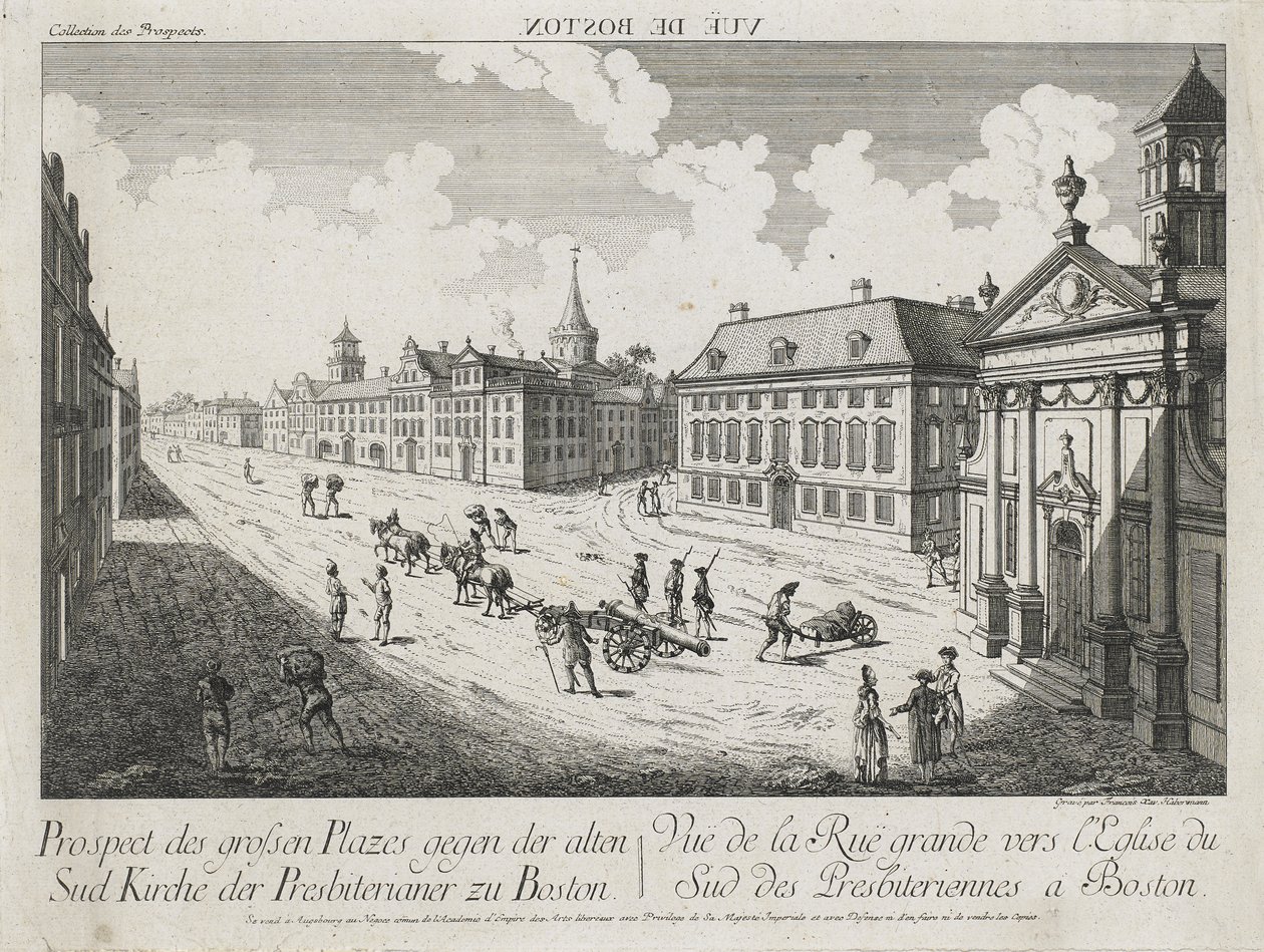 Vue d’Optique/Prospect des grossen Plaze gegen der Alten Sud Kirche der Presbiterianer zu Boston (Optisk udsigt/Udsigt over de store pladser mod Old South Presbyterian Church i Boston), ca. 1776 (ætsning og gravering, ufarvet på lagt papir) af Franz Xavier Habermann