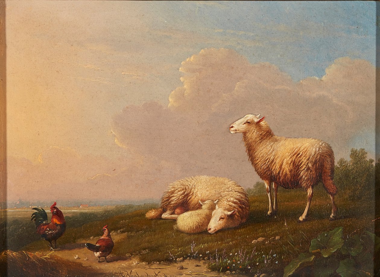 Får og høns i en eng (olie på panel) af Franz van Severdonck