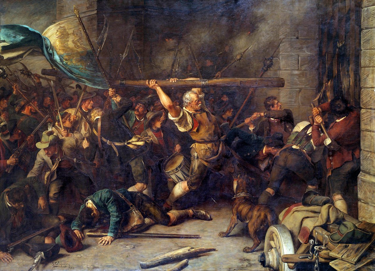 Bøndernes oprør i 1850 Angrebet på den røde barriere"" Maleri af Franz Defregger (1835-1921) af Franz von Defregger