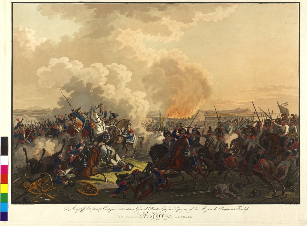 Slaget ved Aspern 1809 (koloreret kobberstik) af Franz von Habermann