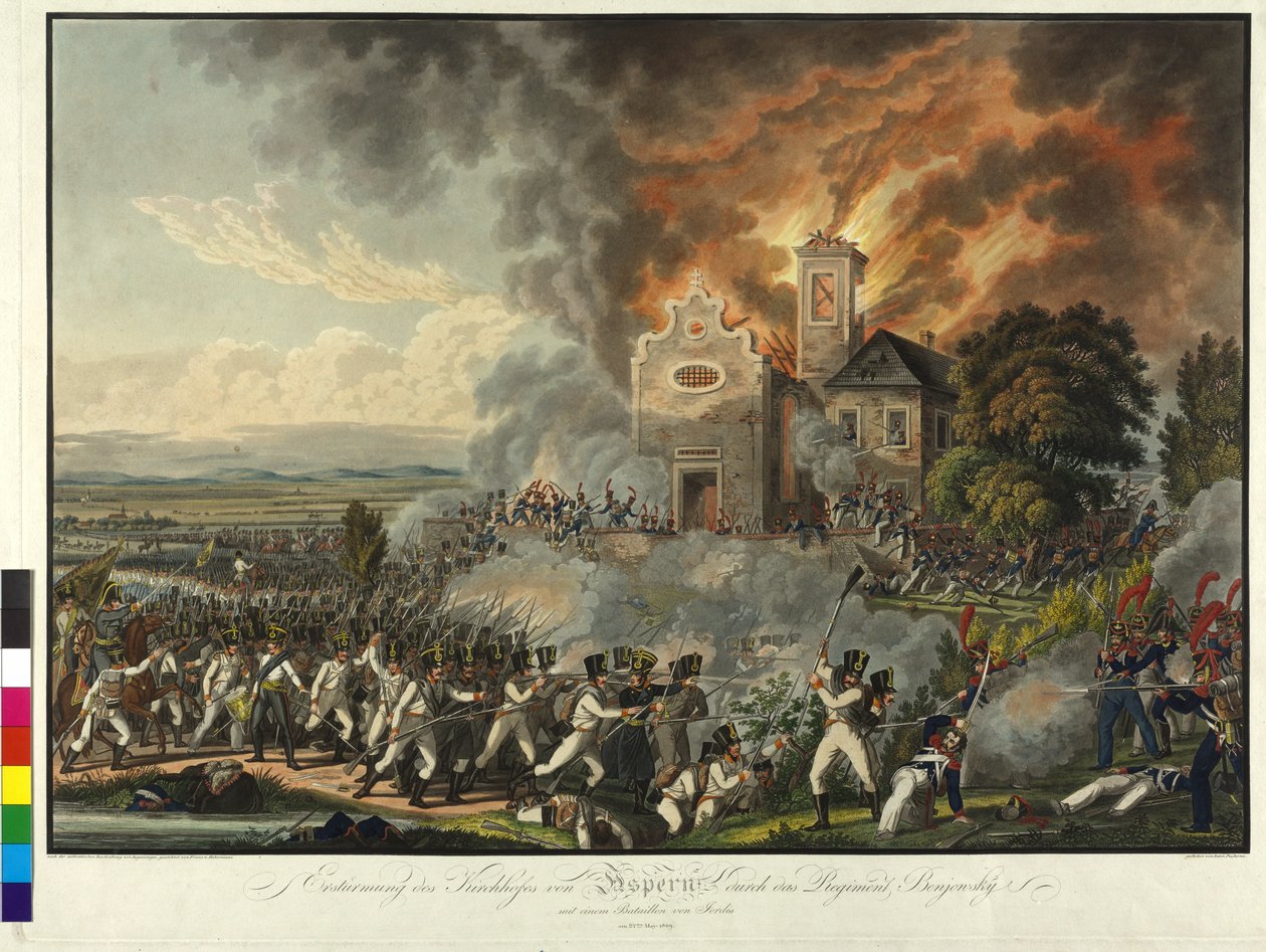 Slaget ved Aspern 1809 (koloreret kobberstik) af Franz von Habermann