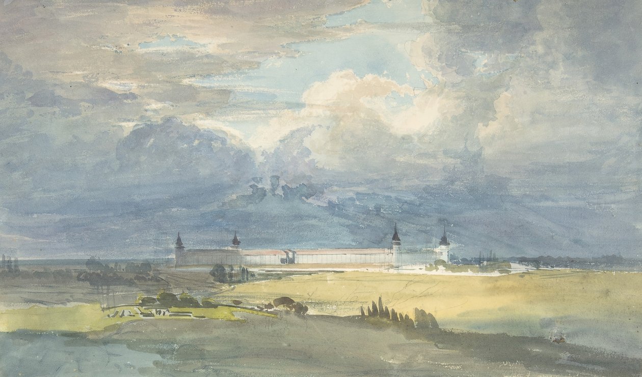 Landskab med stor bygning, 1818-83. af Franz von Hauslab