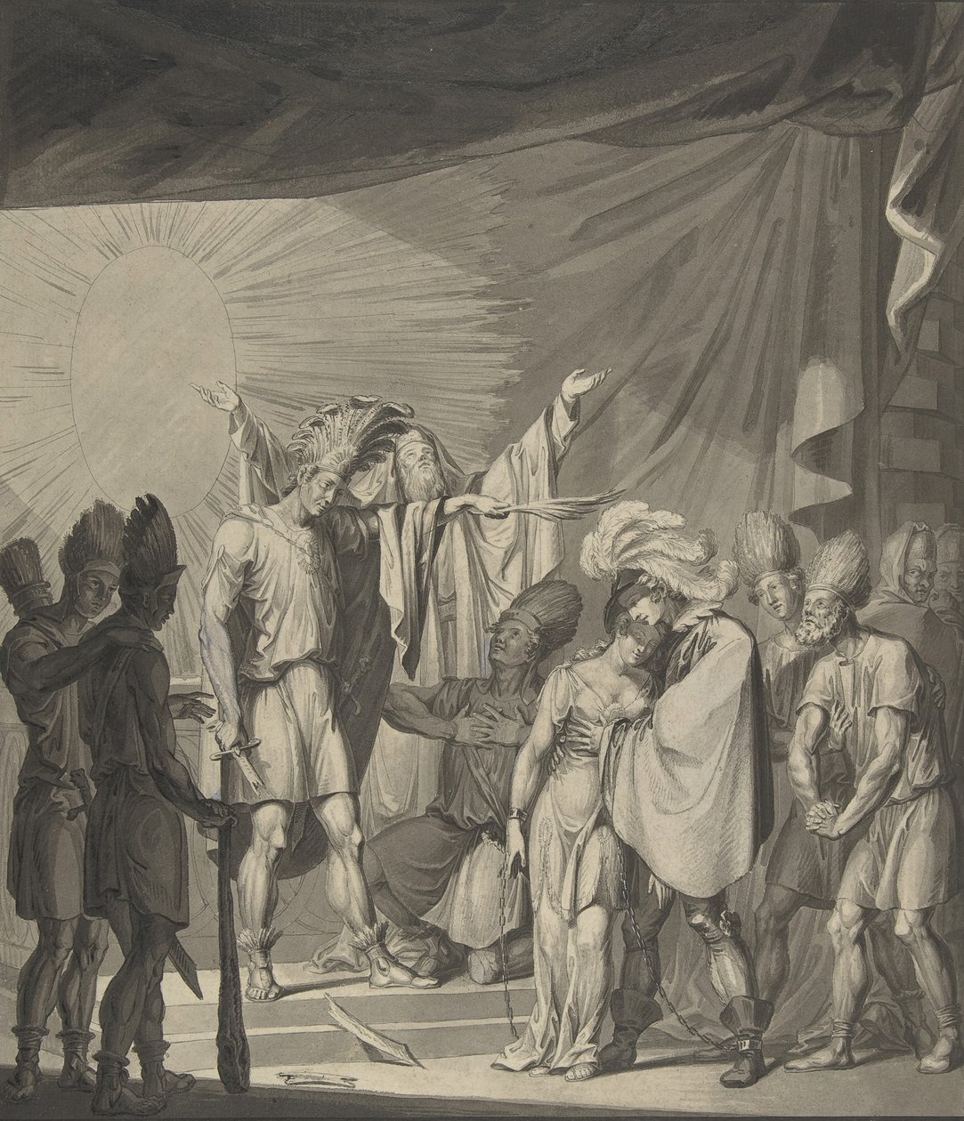Solkongen salver et bundet par, fra August von Kotzebues Die Sonnenjungfrau, 1800-tallet. af Franz von Hauslab