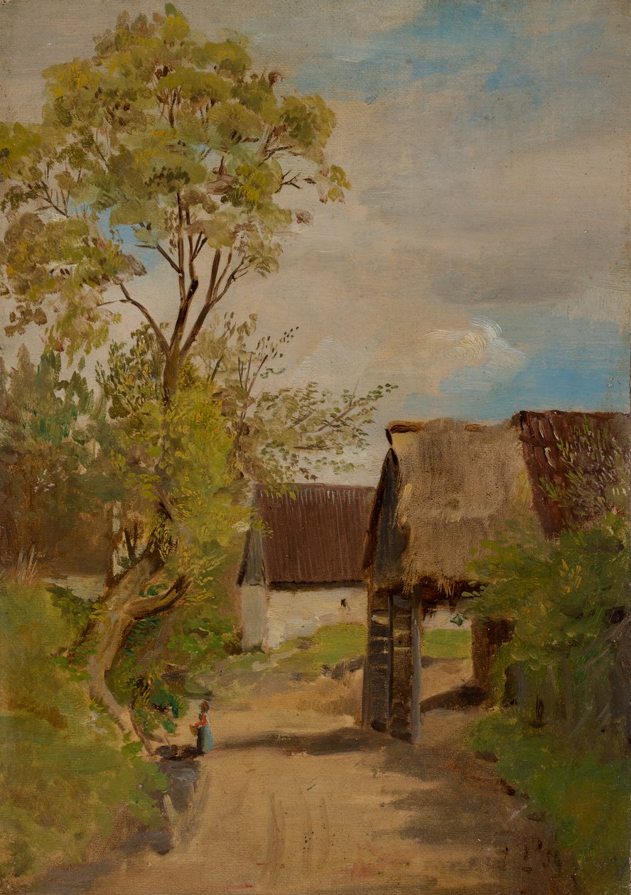 Landsbygade i Aresing (?) med en kvindelig figur af Franz von Lenbach