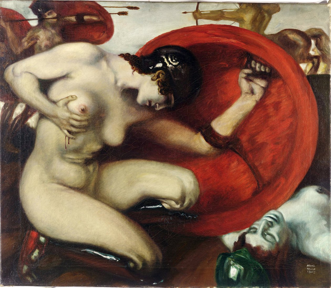 Amazone blessee - Wounded Amazon af Stuck, Franz, Ritter von (1863-1928). Olie på lærred, størrelse: 62,8x72,7 af Franz von Stuck