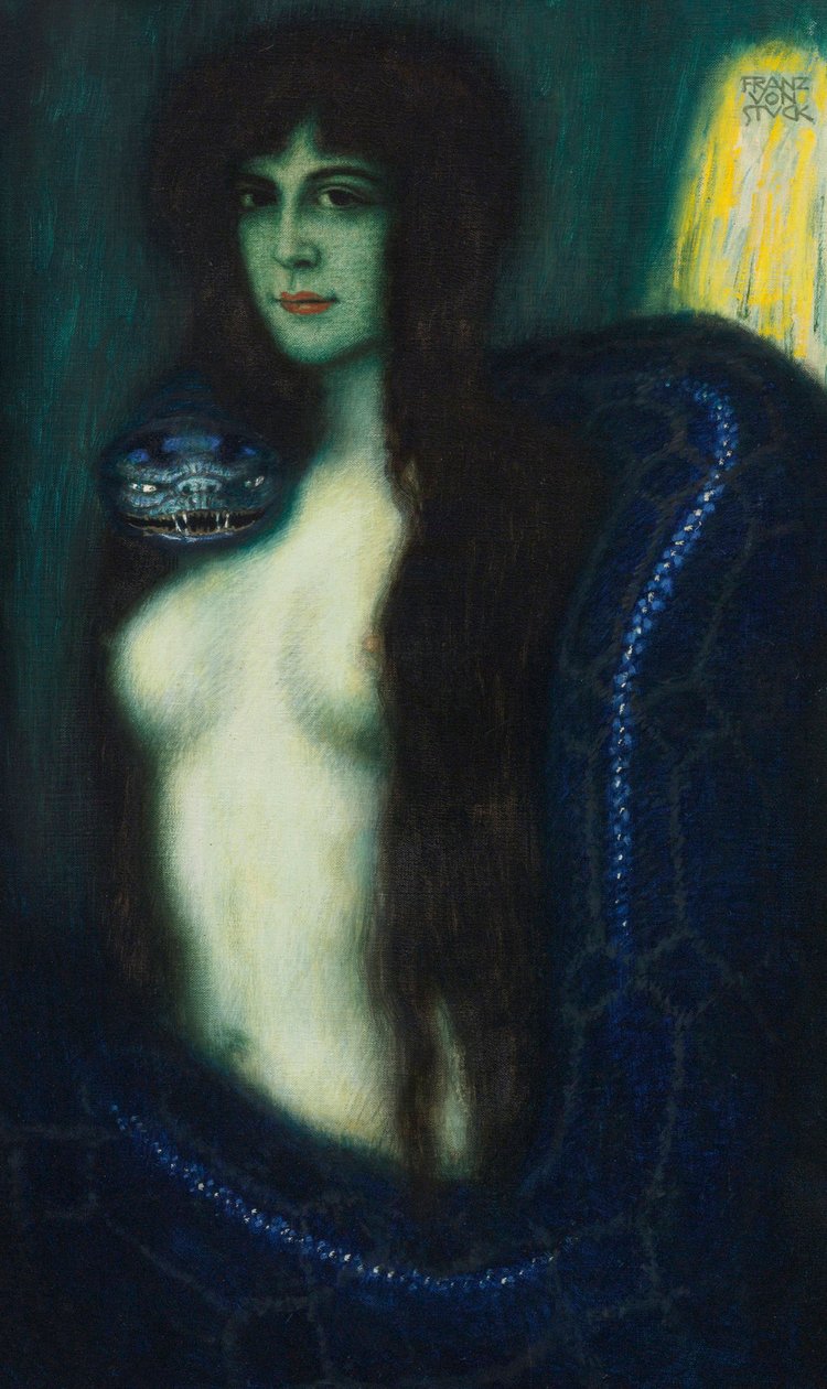 Le peche - The Sin par Stuck, Franz, Ritter von (1863-1928). Olie på lærred, størrelse: 90,2x53,3, , Privat samling af Franz von Stuck