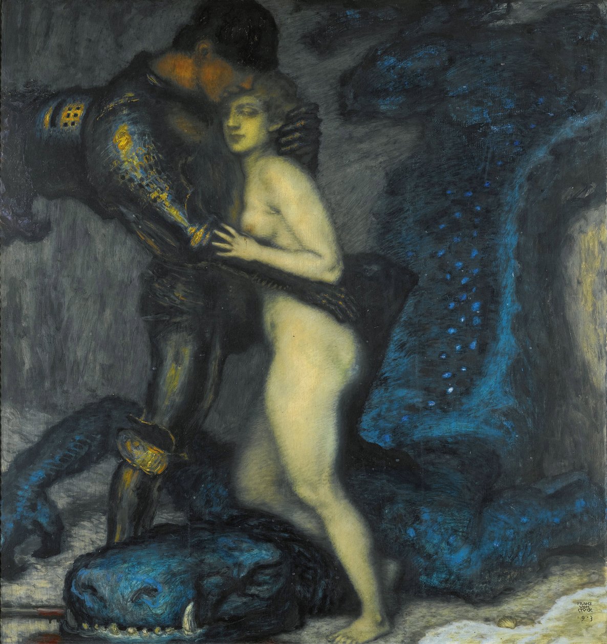 ""Le tueur de dragons"" (Dragedræberen) Maleri af Franz Ritter von Stuck (1863-1928) 1913 Privat samling af Franz von Stuck