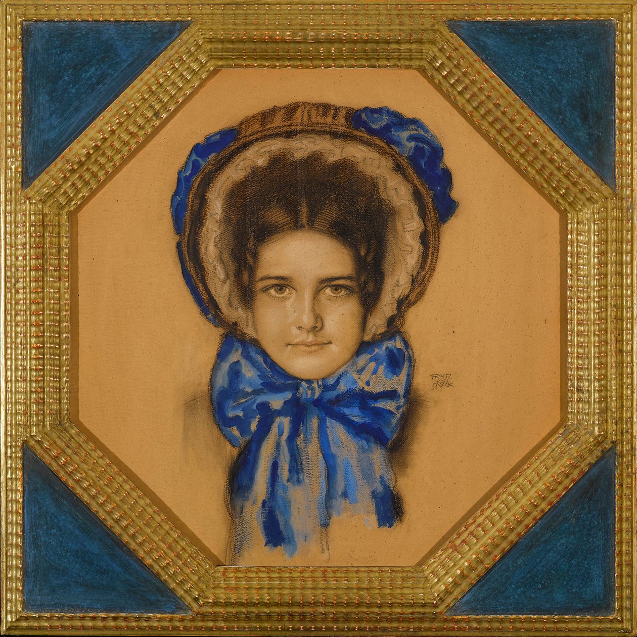Marie avec un chapeau (type capot) - Datter Mary med en Poke-hjelm - Franz-Ritter (Franz Ritter) von Stuck (1863-1928). Gouache, pastel og kul på karton Mål: 55x49,3 cm Privat samling af Franz von Stuck