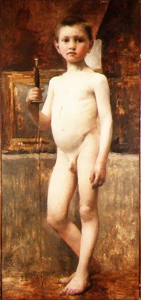 Nøgen dreng med sværd (olie på lærred) af Franz von Stuck