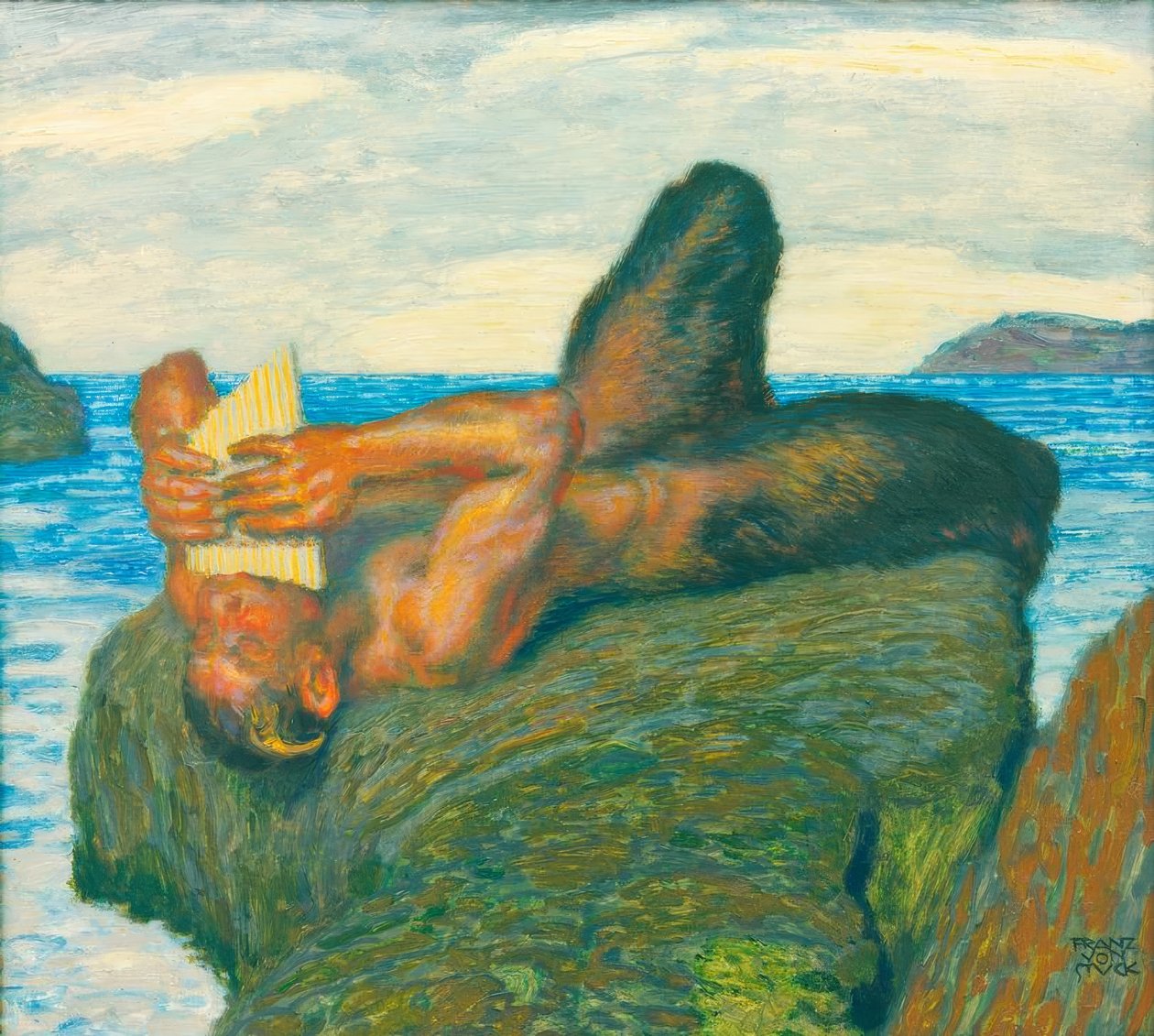 Syrinxblasender Faun am Meer af Franz von Stuck