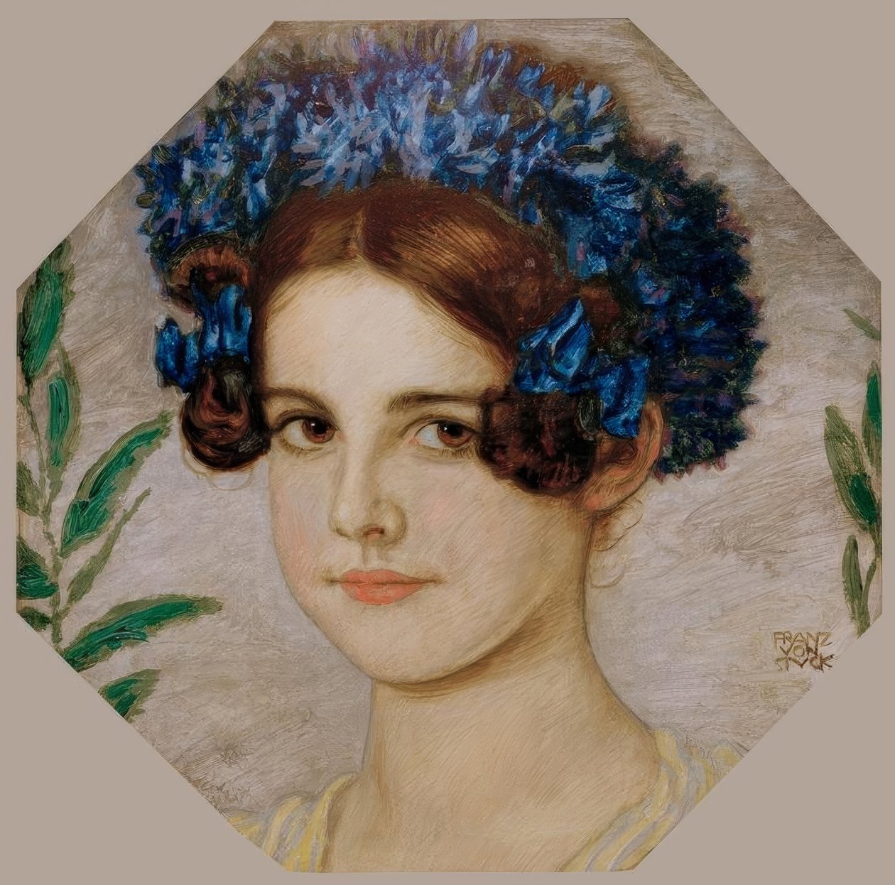 Kunstnerens datter med kornblomster i håret af Franz von Stuck