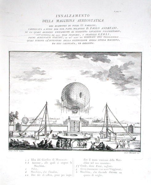 Første bemandede luftballonflyvning i Italien lavet af Paolo Andreani (1763-1823) 1784, indgraveret af Girolamo Mantelli, udgivet 1785 (gravering) (se også 206819) af Fratelli Gerli (after)