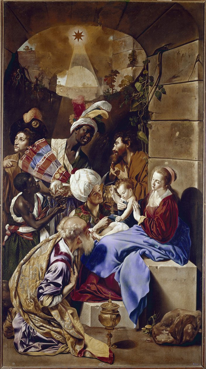 Tilbedelse af Magi. (olie på lærred, ca. 1610) af Fray Juan Batista Maino or Mayno