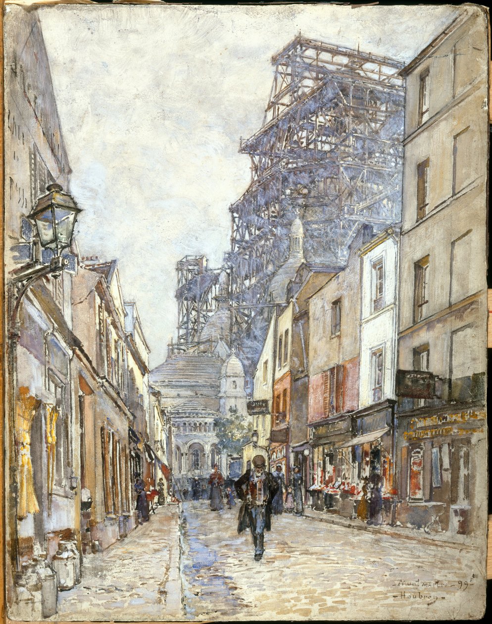 Fransk: Rue du Chevalier-de-la-Barre, med Sacré-Cœur under opførelse af Frederic Anatole Houbron