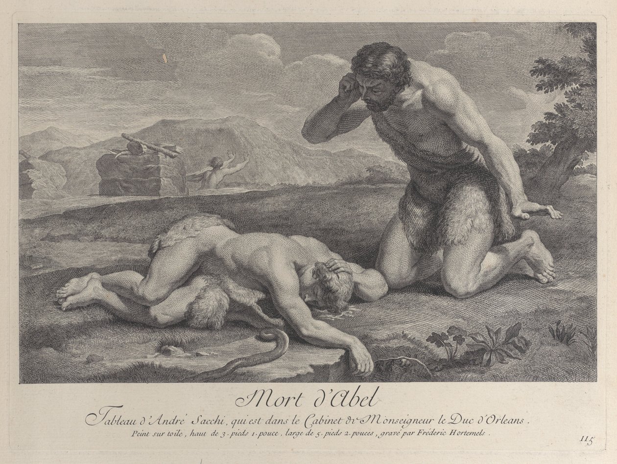 Adam knæler i sorg ved siden af Abels krop, mens Kain flygter i baggrunden, ca. ..., ca. 1729. af Frédéric Horthemels
