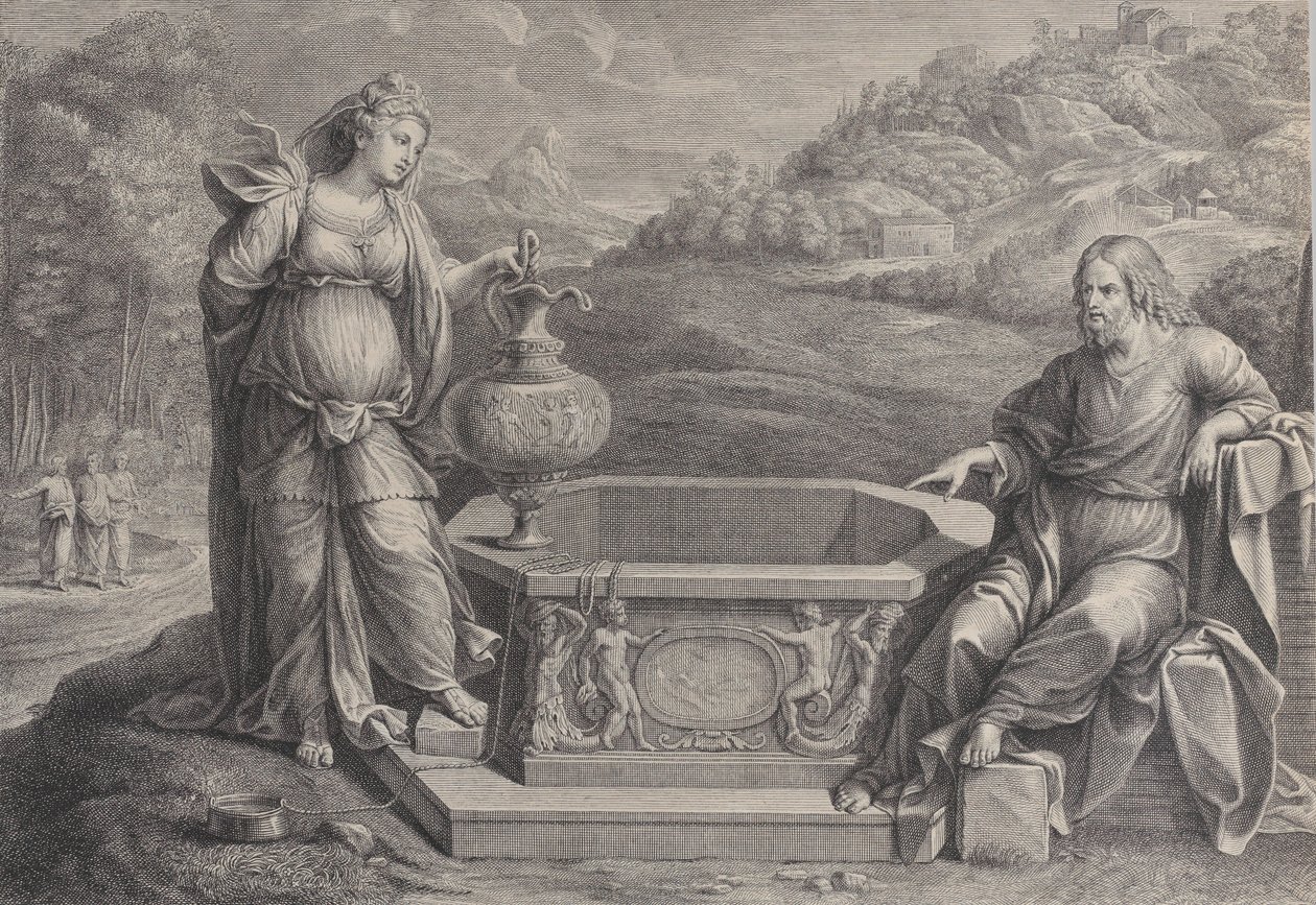 Kristus, der sidder til højre, og kvinden fra Samaria, som står til venstre, ca. 1729. af Frédéric Horthemels