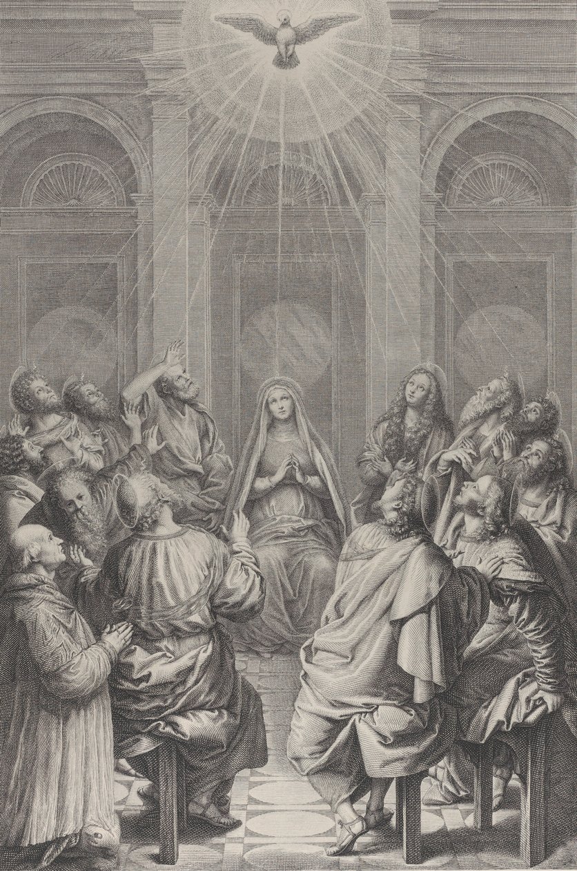 Pinsen, med apostlene og jomfruen siddende i en cirkel, Helligånden ap..., 1729-40. af Frédéric Horthemels