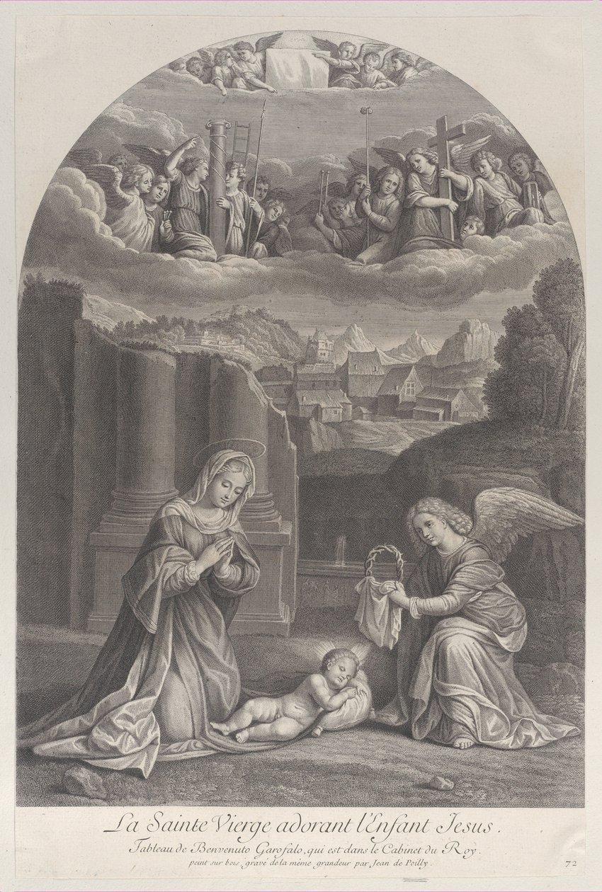 Jomfru Maria, der tilbeder Kristusbarnet, en engel, der holder en tornekrone til højre,..., ca. 1729. af Frédéric Horthemels