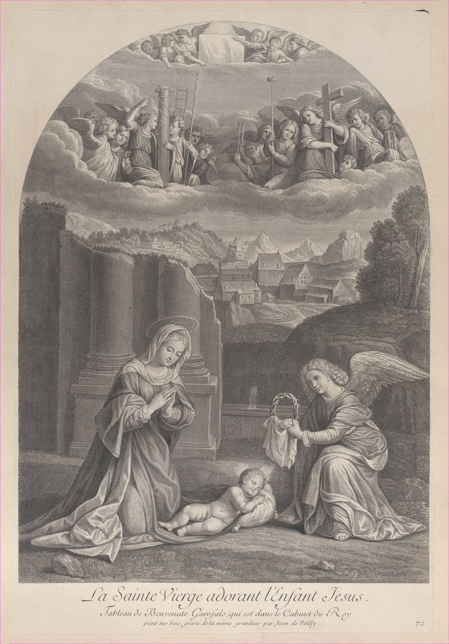 Jomfru Maria, der tilbeder Kristusbarnet, en engel, der holder en tornekrone til højre,..., ca. 1729. af Frédéric Horthemels