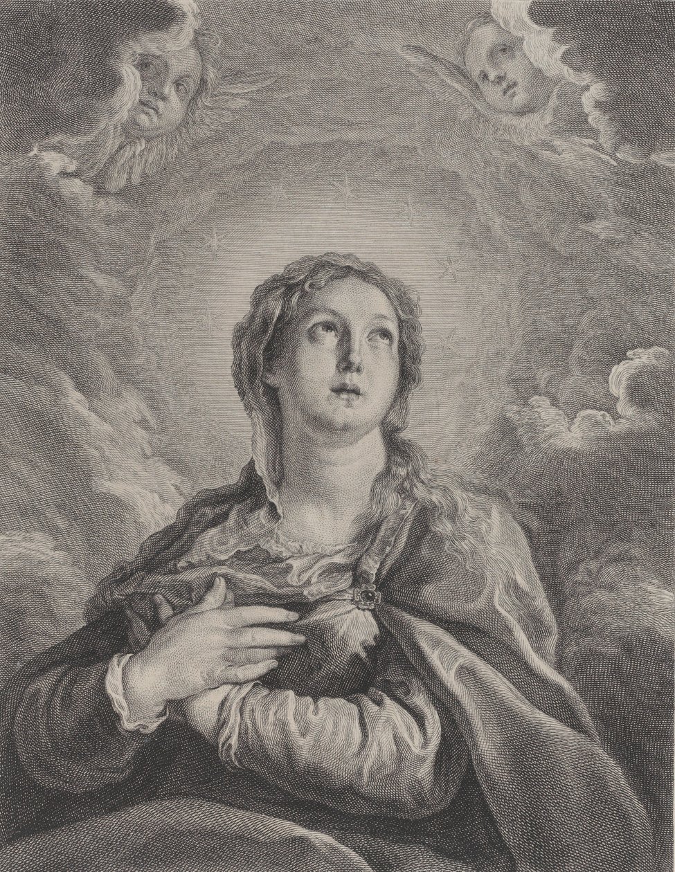 Jomfruen, foldede hænder på brystet, ser opad, 1729-40. af Frédéric Horthemels