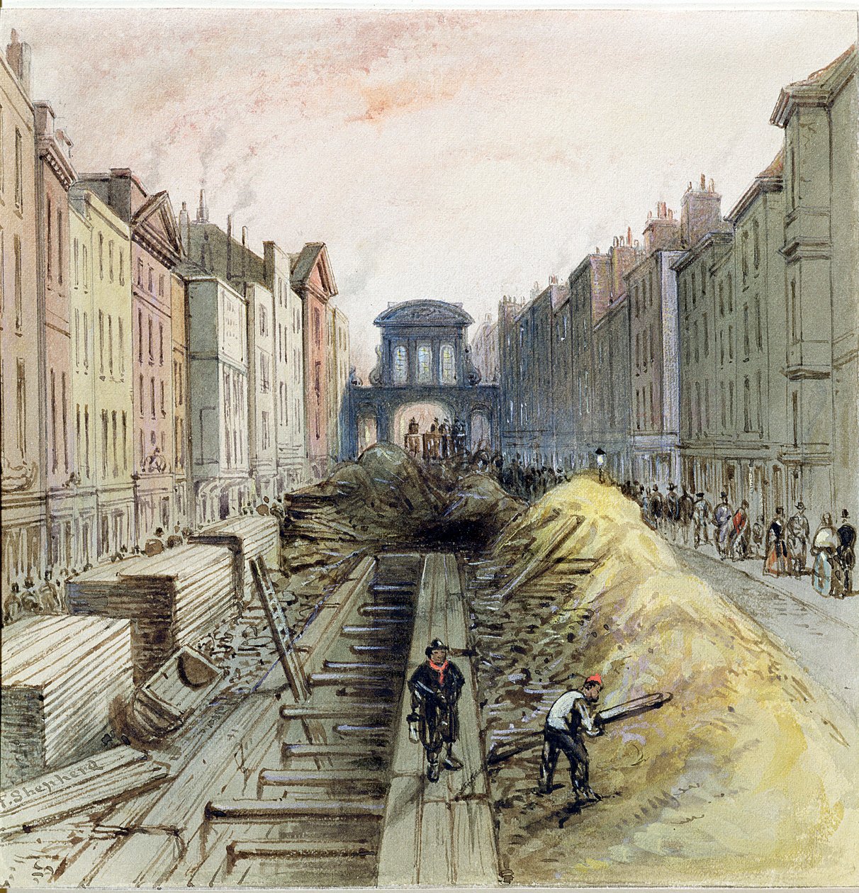 Fleet Street med den nye fælles kloak under opførelse, 1845 af Frederick Shepherd