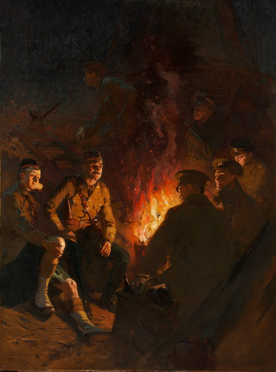 Et sted ved fronten, soldater omkring et lejrbål om natten, vestfronten af Fred Roe