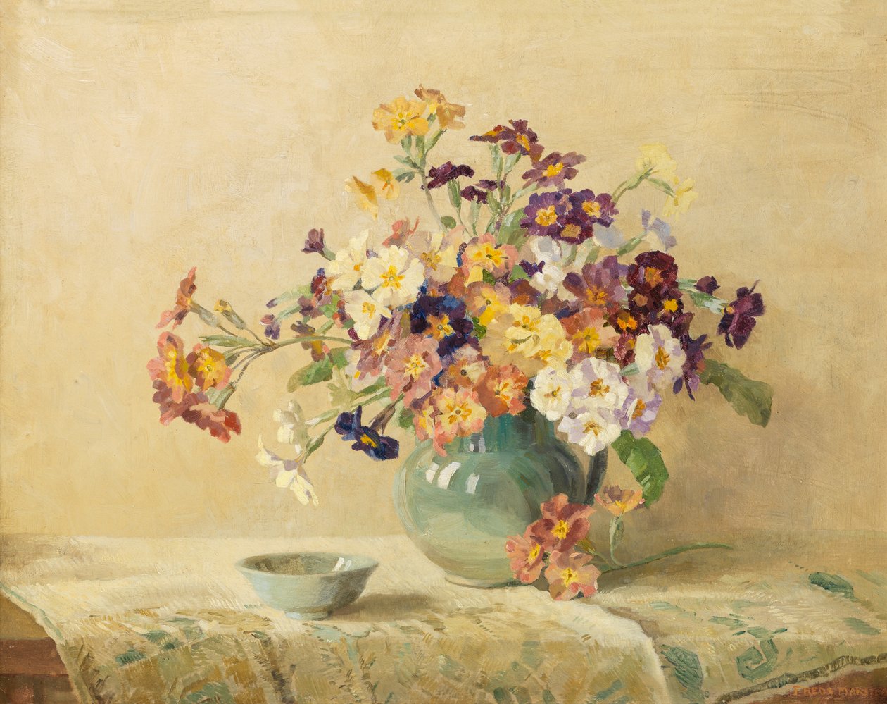 Forårsblomster (olie på lærred lagt på bord) af Freda Marston