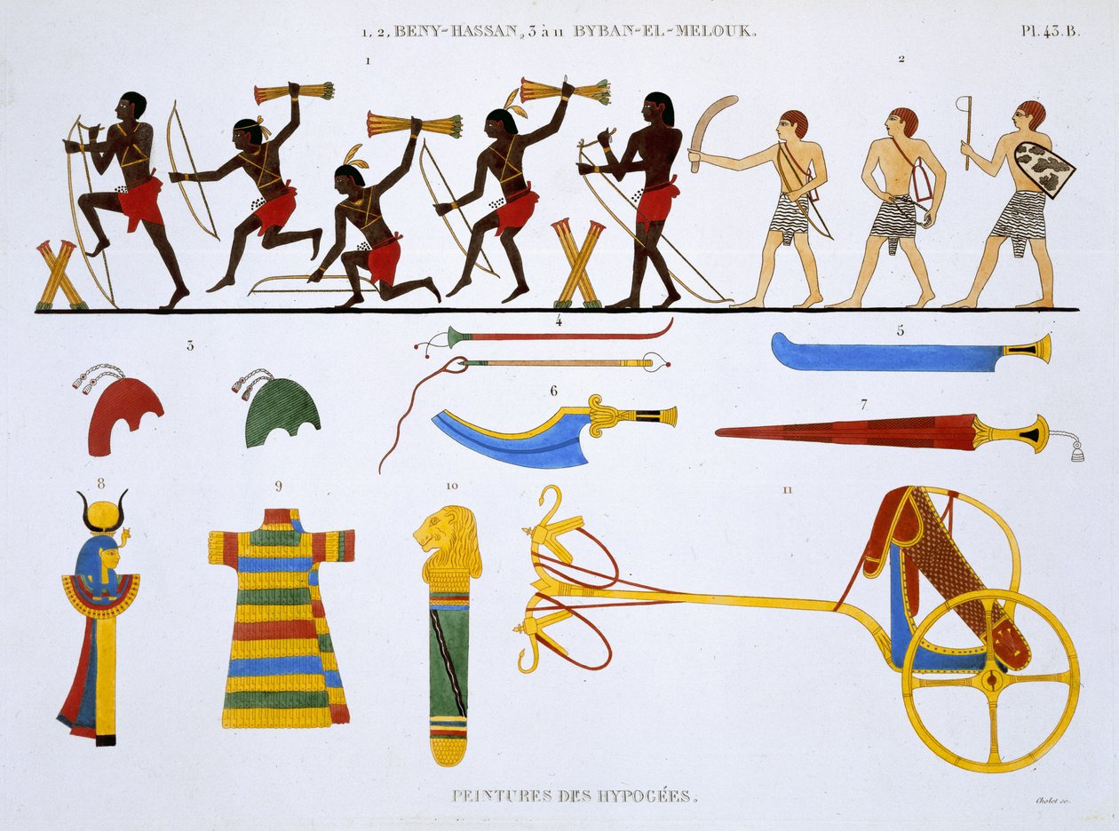 Hærens bueskytter og militære genstande, fra en sjælden optegnelse af fresker fra Theben, optaget 1819-1822 på sit andet besøg i Egypten af Frederic Cailliaud (1787-1869), farvelitografi. af Frederic Cailliaud
