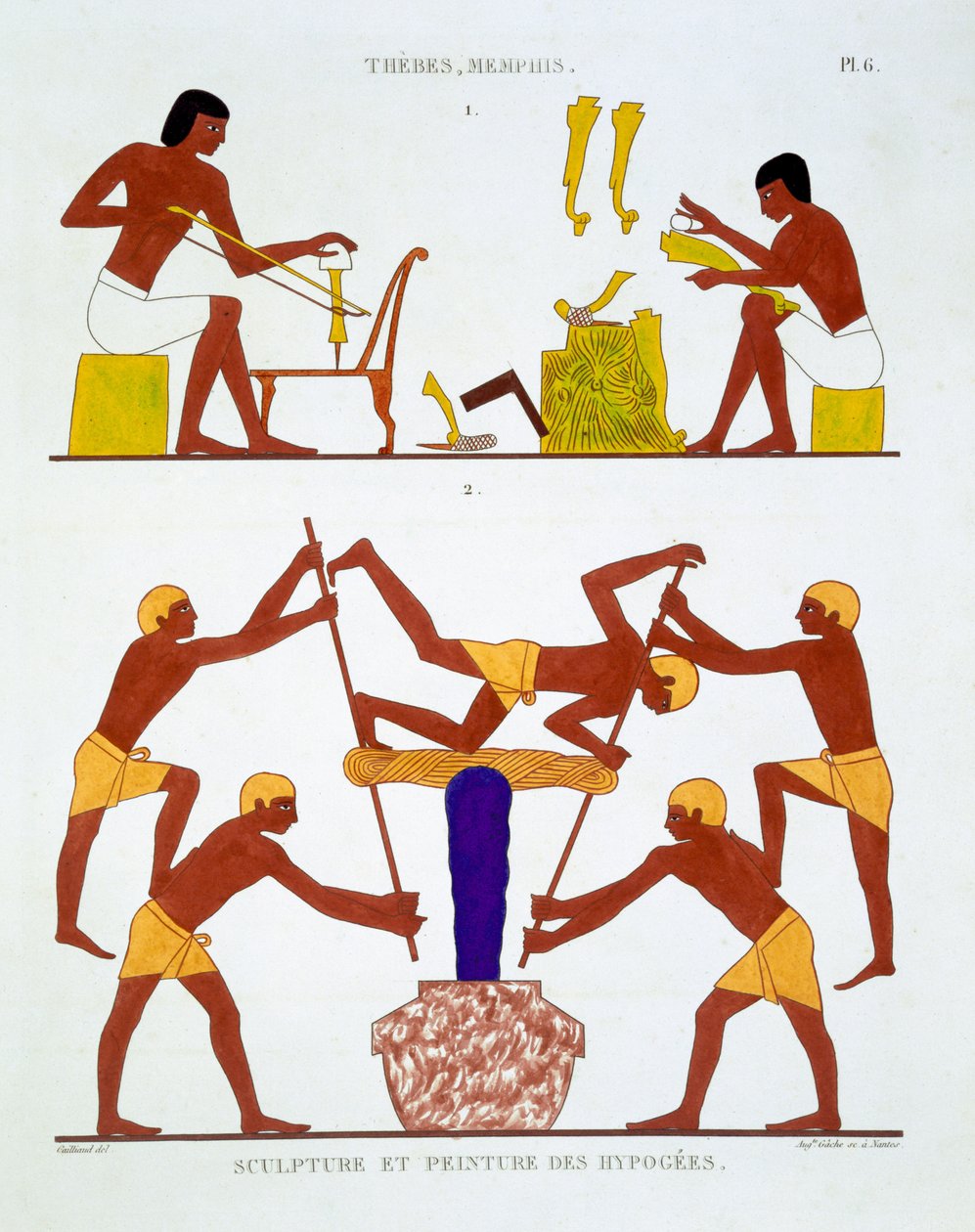 Tømrer- og farvningsgarn, fra en sjælden optegnelse af fresker fra Theben, optaget 1819-1822 på sit andet besøg i Egypten af Frederic Cailliaud (1787-1869), farve litho af Frederic Cailliaud
