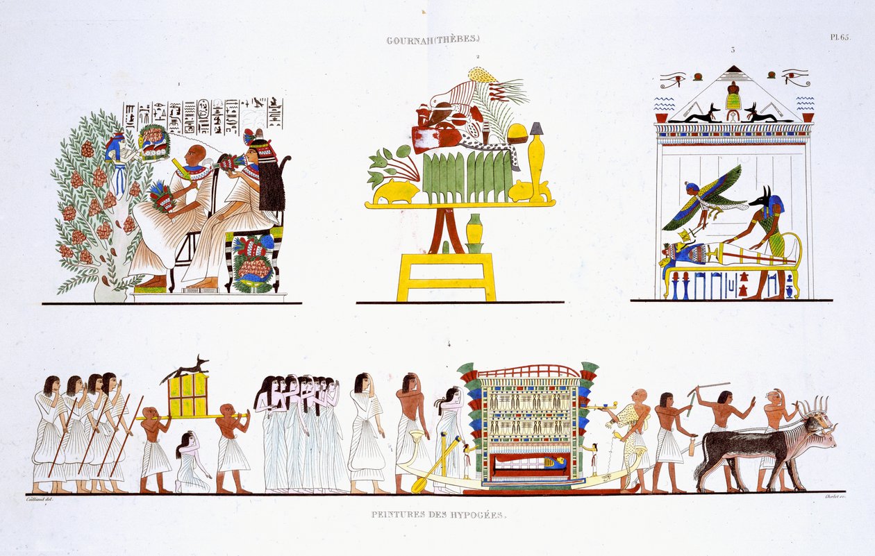 Begravelsesritualer, fra en sjælden optegnelse af fresker fra Theben, optaget 1819-1822 på sit andet besøg i Egypten af Frederic Cailliaud (1787-1869), farvelitografi. af Frederic Cailliaud